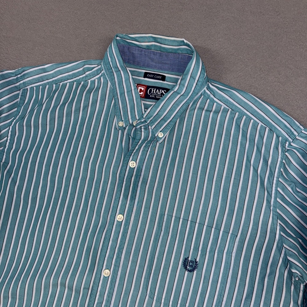 Chaps Shirt Mens XL Blue Striped Easy Care Stretch Long Sleeve Button Down Crest